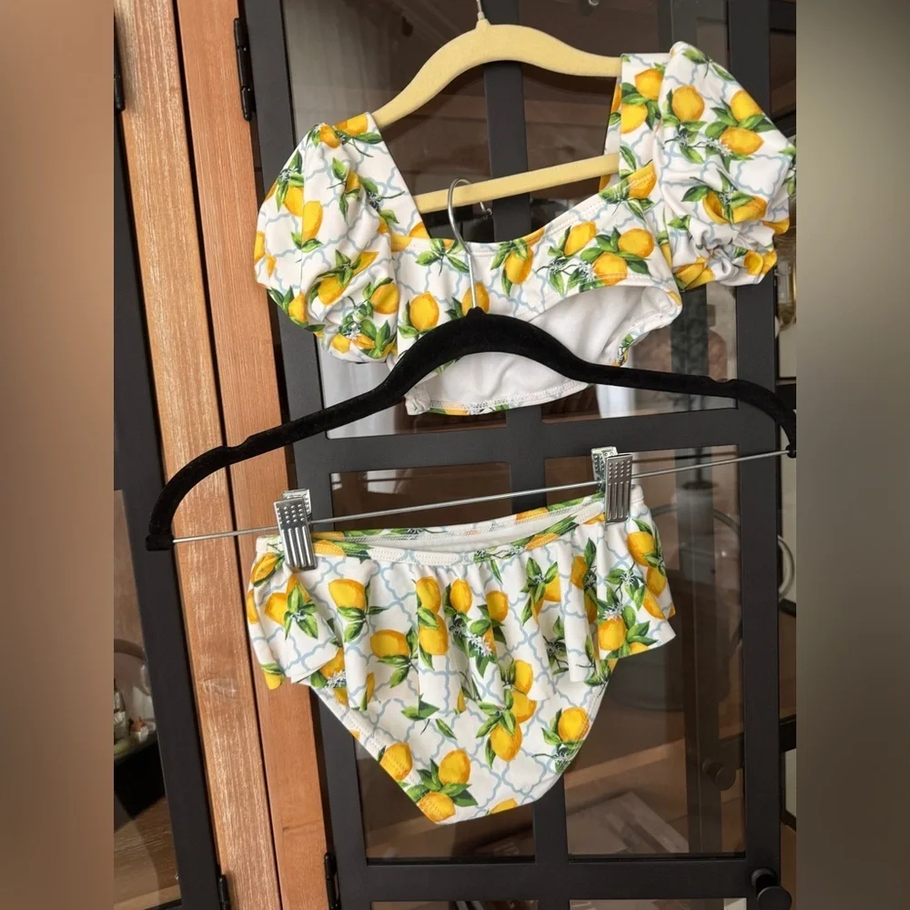 Janie & Jack Lemon Puff Sleeve bikini set Swimsuit top bottoms primrose toddler